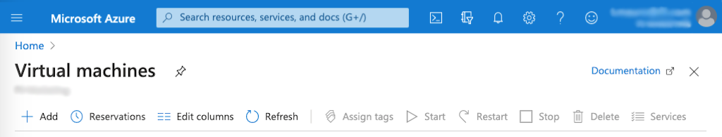 screenshot of Azure 'Virtual machines' page